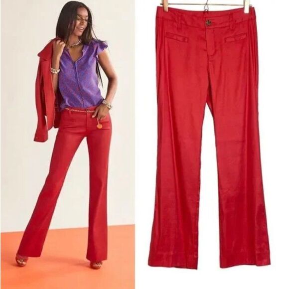 Cabi Red Pants Linen Blend High Waisted flare Valentine Size 10 L - Picture 1 of 14